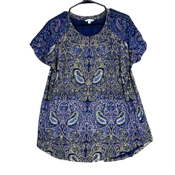 Lucky Brand Womens Blouse Multicolored Paisley Short Sleeve Boho Modal Blend 1X - Picture 1 of 10